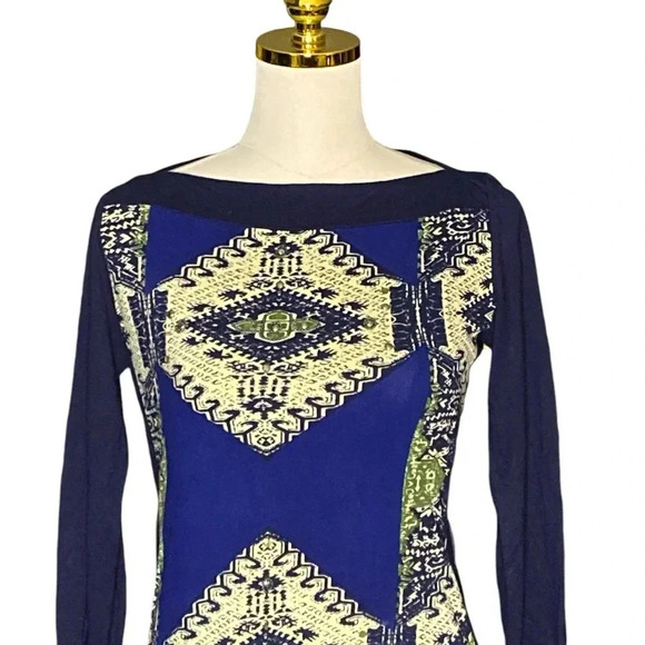 RITU KUMAR | Blue Patchwork Print Boat Neck Embellished Dress Size 3 (US 8/M) - Picture 6 of 10